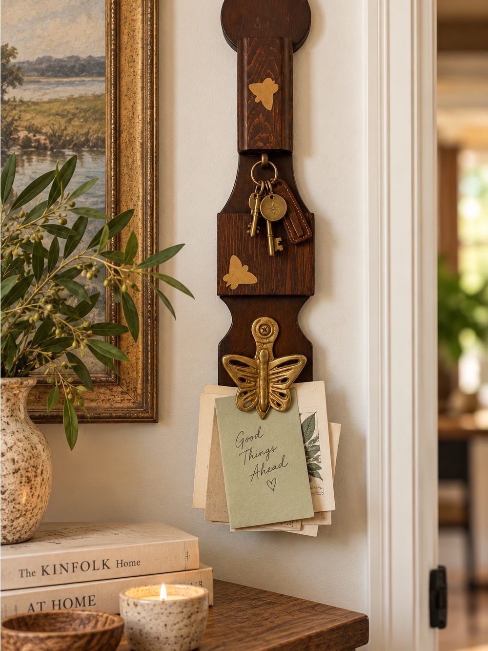 Vintage wood and brass Butterfly Wall hanging. Paper clip or key holder